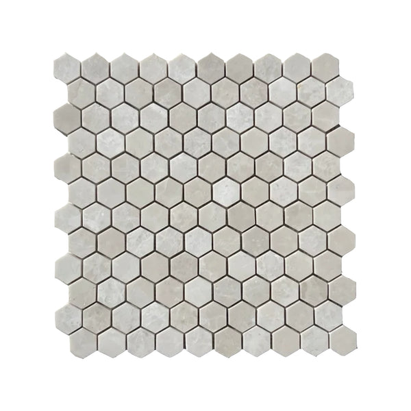 White Pearl/Botticino Beige Marble 1.25" Hexagon Mosaic Polished