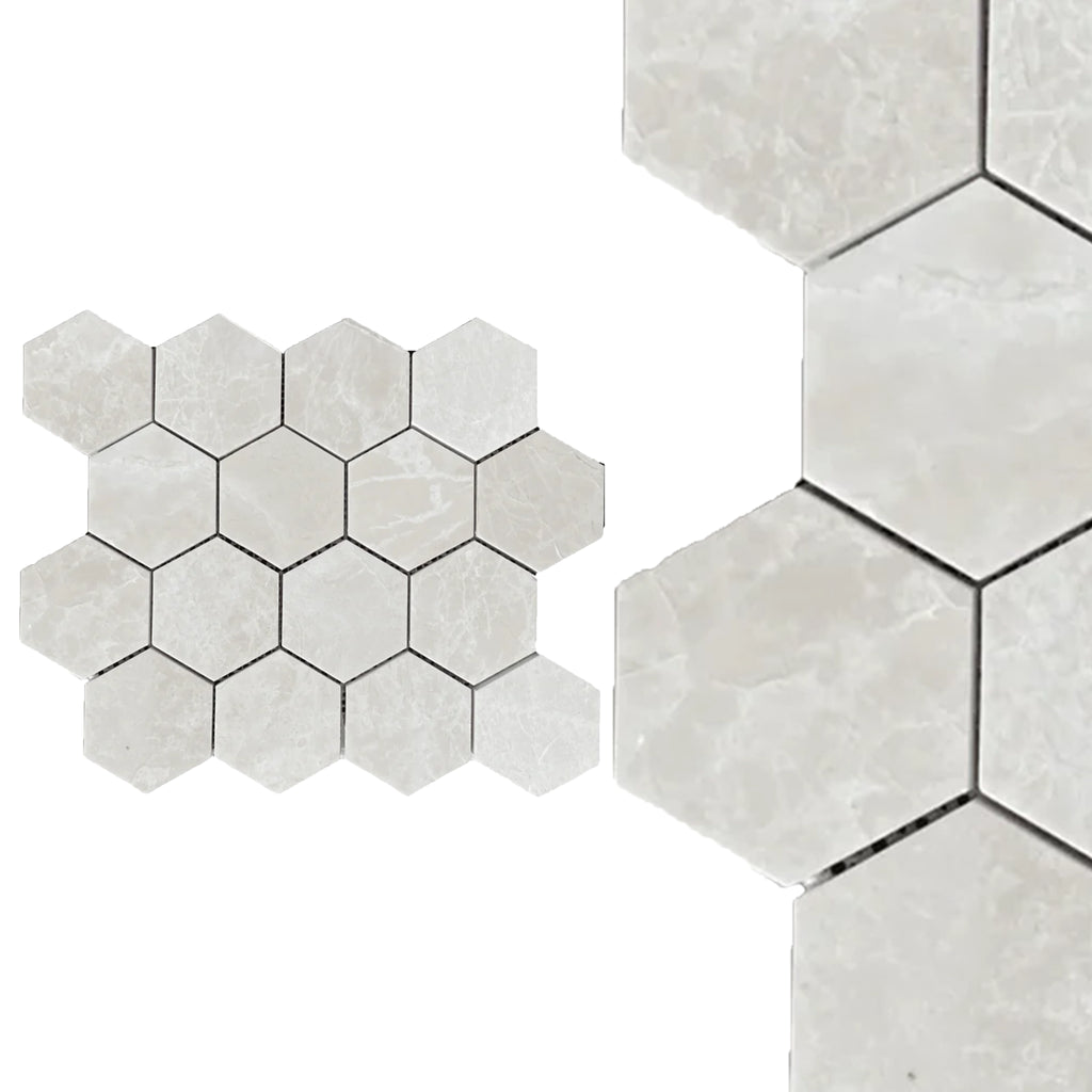 White Pearl/Botticino Beige Marble 3" Hexagon Mosaic Polished