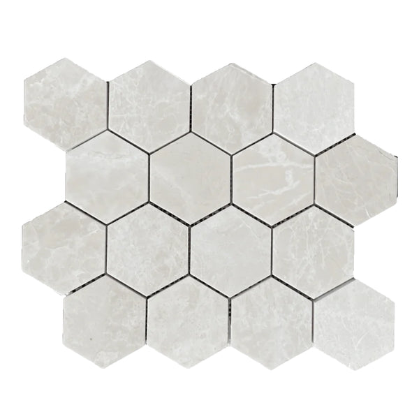 White Pearl/Botticino Beige Marble 3" Hexagon Mosaic Polished