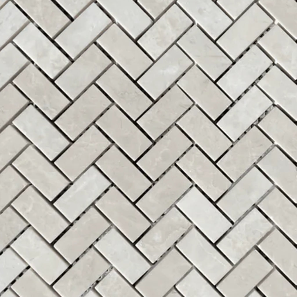 White Pearl/Botticino Beige Marble 5/8 X 1 1/4 Mini Herringbone Mosaic Polished