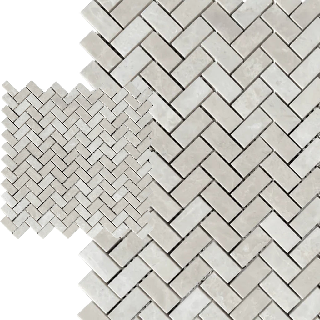 White Pearl/Botticino Beige Marble 5/8 X 1 1/4 Mini Herringbone Mosaic Polished