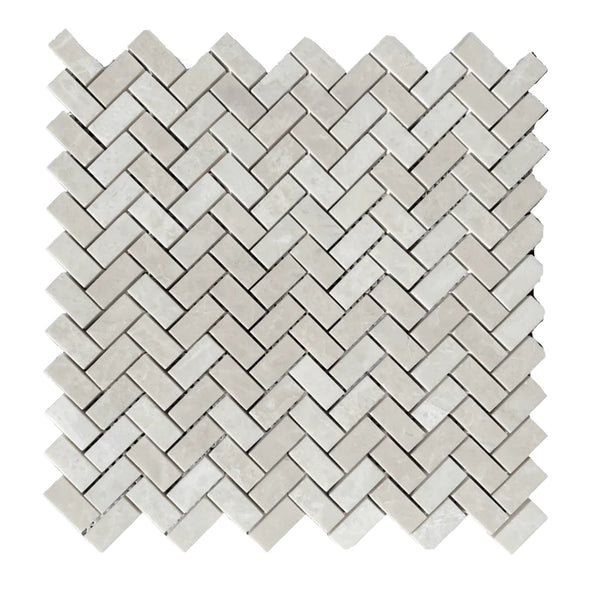 White Pearl/Botticino Beige Marble 5/8 X 1 1/4 Mini Herringbone Mosaic Polished