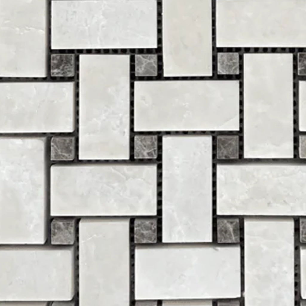 White Pearl/Botticino Beige Marble Basketweave Mosaic w/Emperador Dark Dots Polished