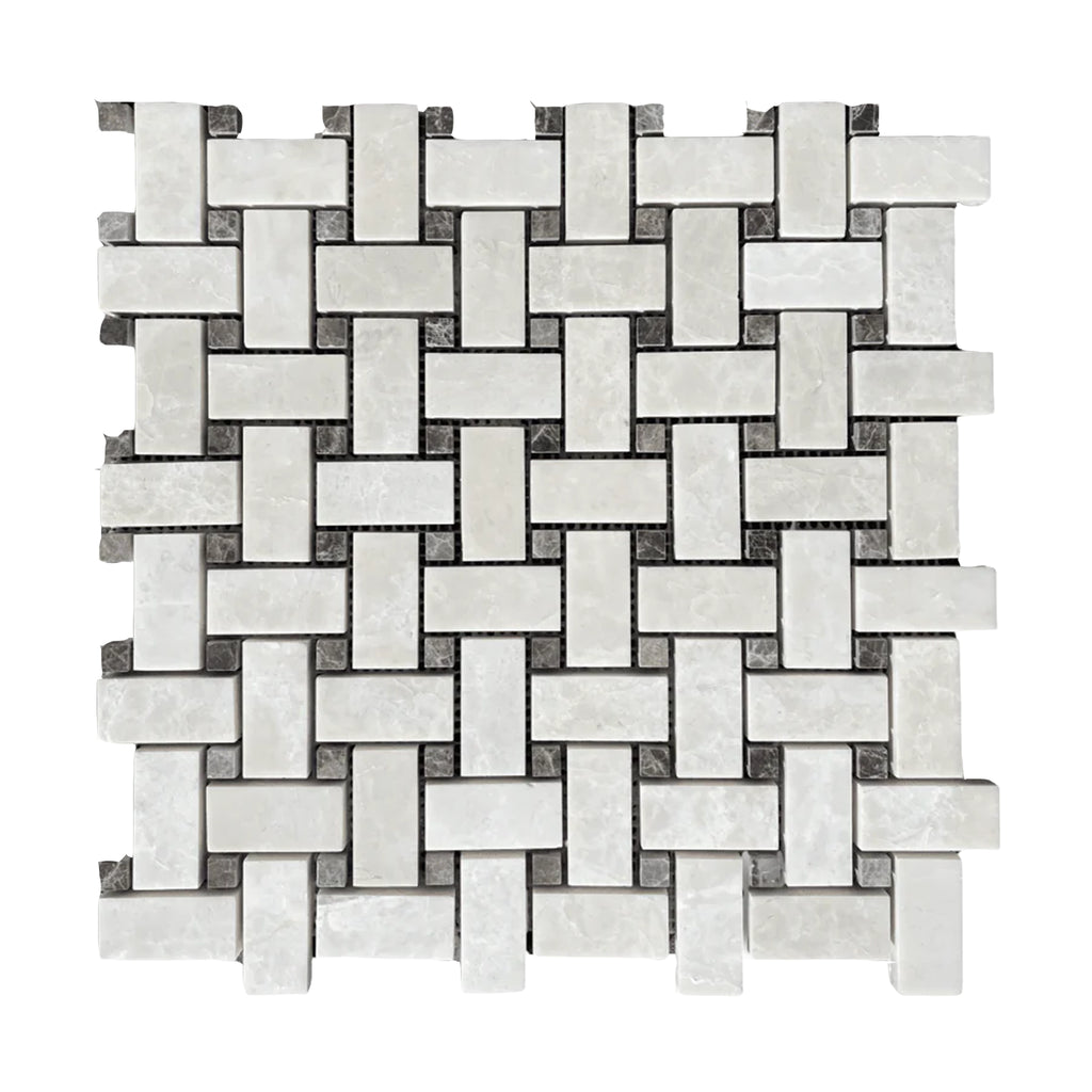 White Pearl/Botticino Beige Marble Basketweave Mosaic w/Emperador Dark Dots Polished