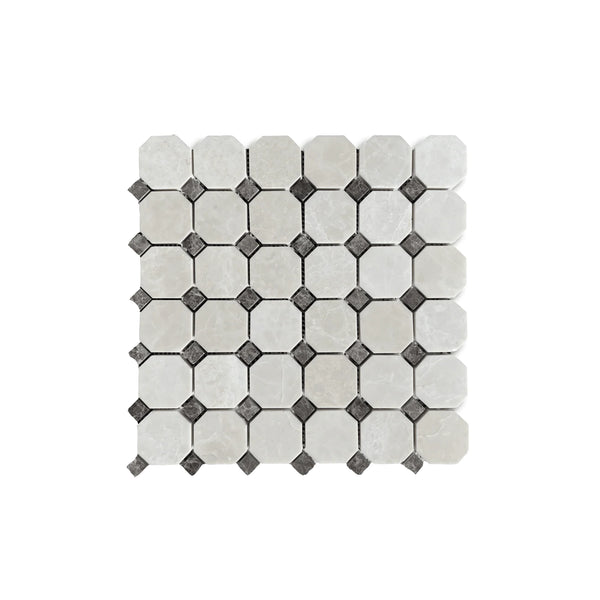 White Pearl/Botticino Beige Marble Octagon w/Emperador Dark Dots Mosaic Polished