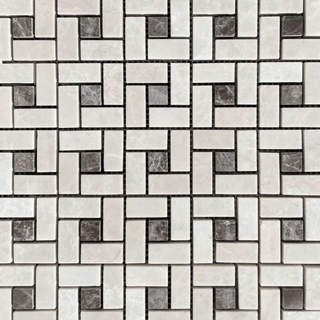 White Pearl/Botticino Beige Marble Pinwheel Mosaic w/Emperador Dark Dots Polished