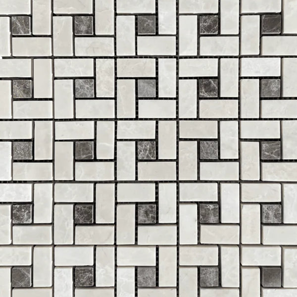 White Pearl/Botticino Beige Marble Pinwheel Mosaic w/Emperador Dark Dots Polished