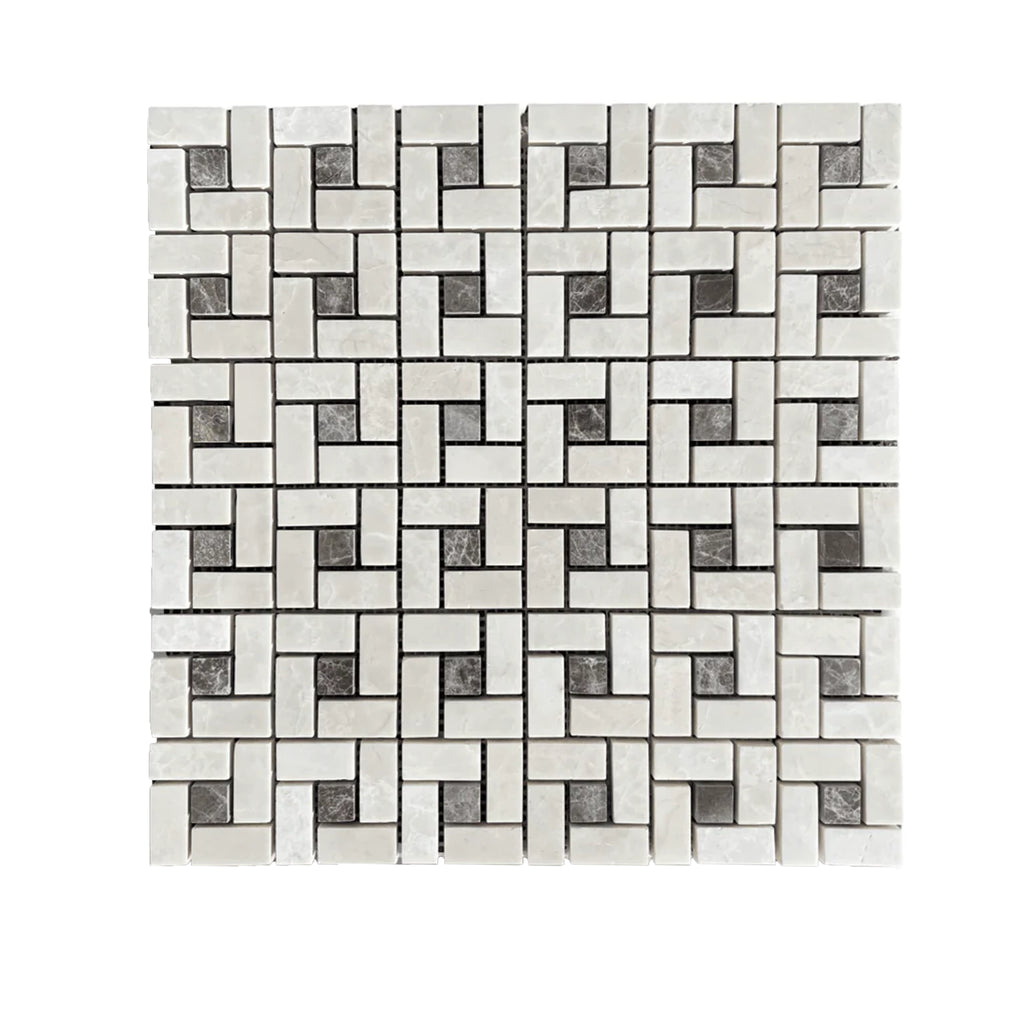 White Pearl/Botticino Beige Marble Pinwheel Mosaic w/Emperador Dark Dots Polished