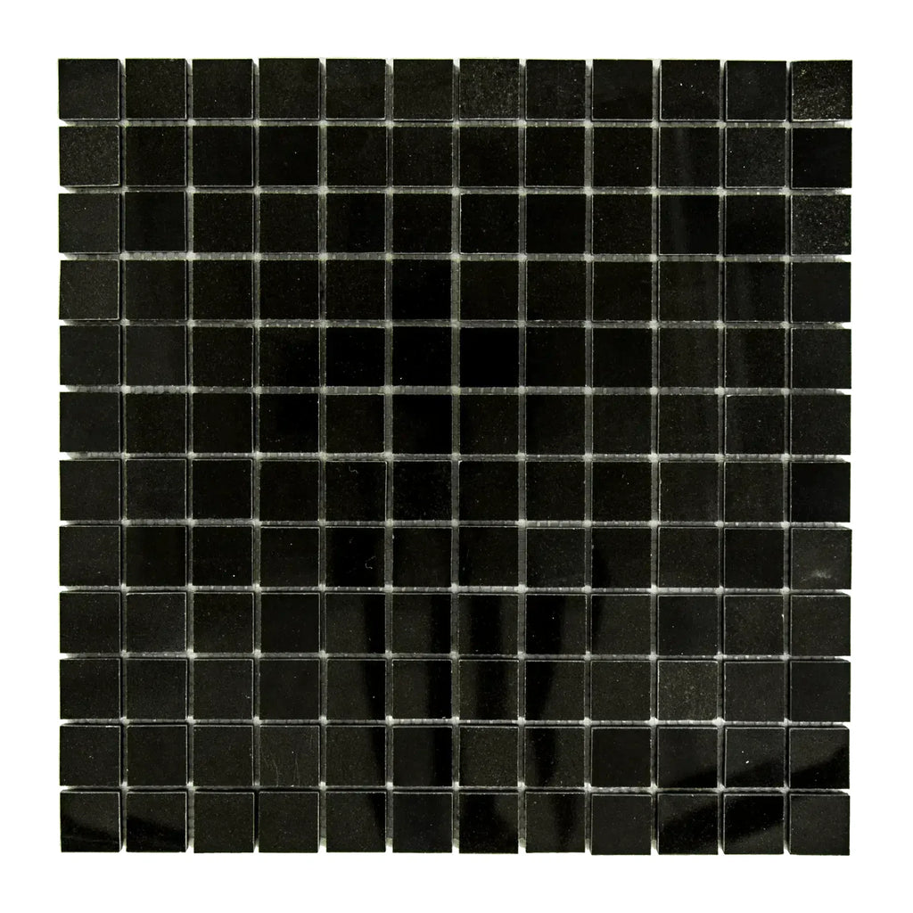 Black square mosaic tile sheet of Absolute Black 1X1 Granite Mosaic Polished