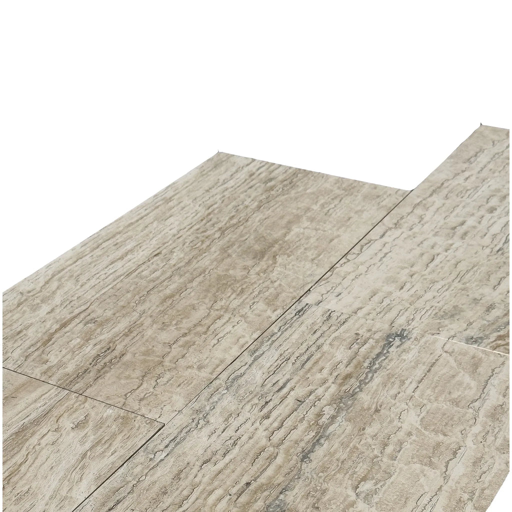 Beige and gray patterned floor tiles of Alabastrino Rustic White Vein-Cut Travertine