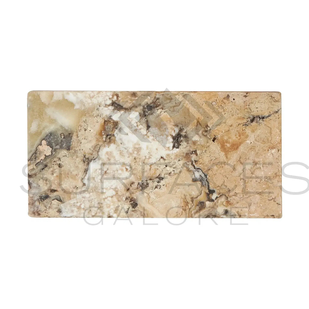 Polished beige and white marble slab of Antico Onyx Travertine 12X24 Filled Honed