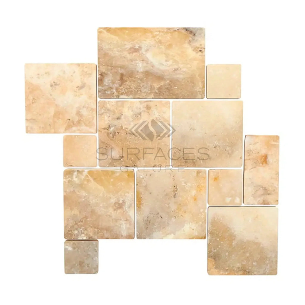 Antico Onyx Travertine tile mosaic in a Versailles pattern with brushed and chiseled edge