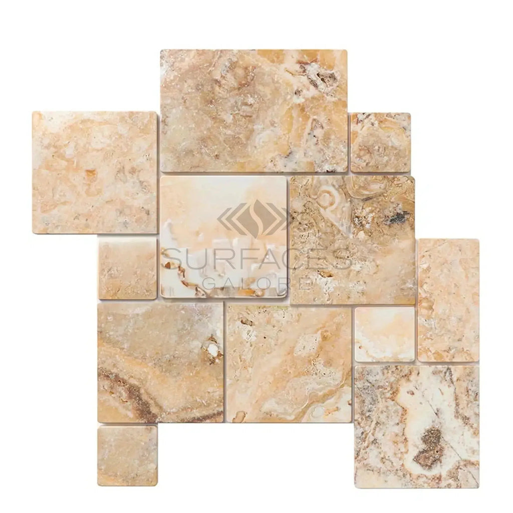 Antico Onyx Travertine mosaic tile set with brushed and chiseled edges in Versailles pattern