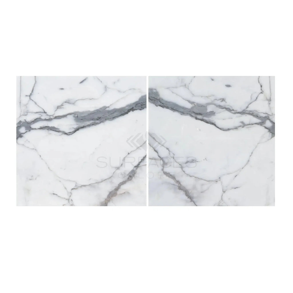 Two Arabescato Corchia marble tiles featuring elegant gray veining, polished or honed finish