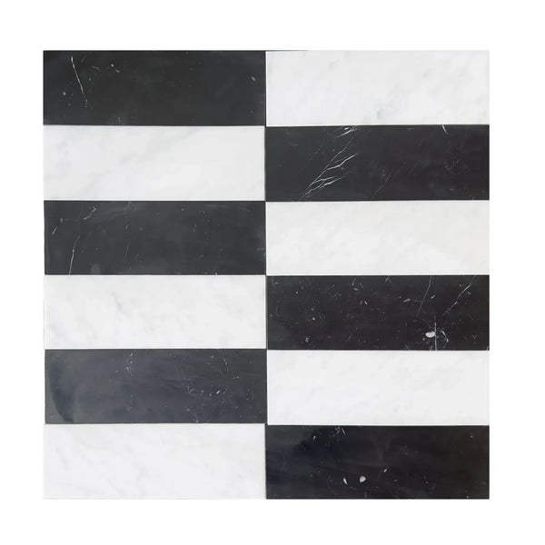 Black and white striped marble tile in Arezzo Carrara White and Nero Marquina 4X12 Set