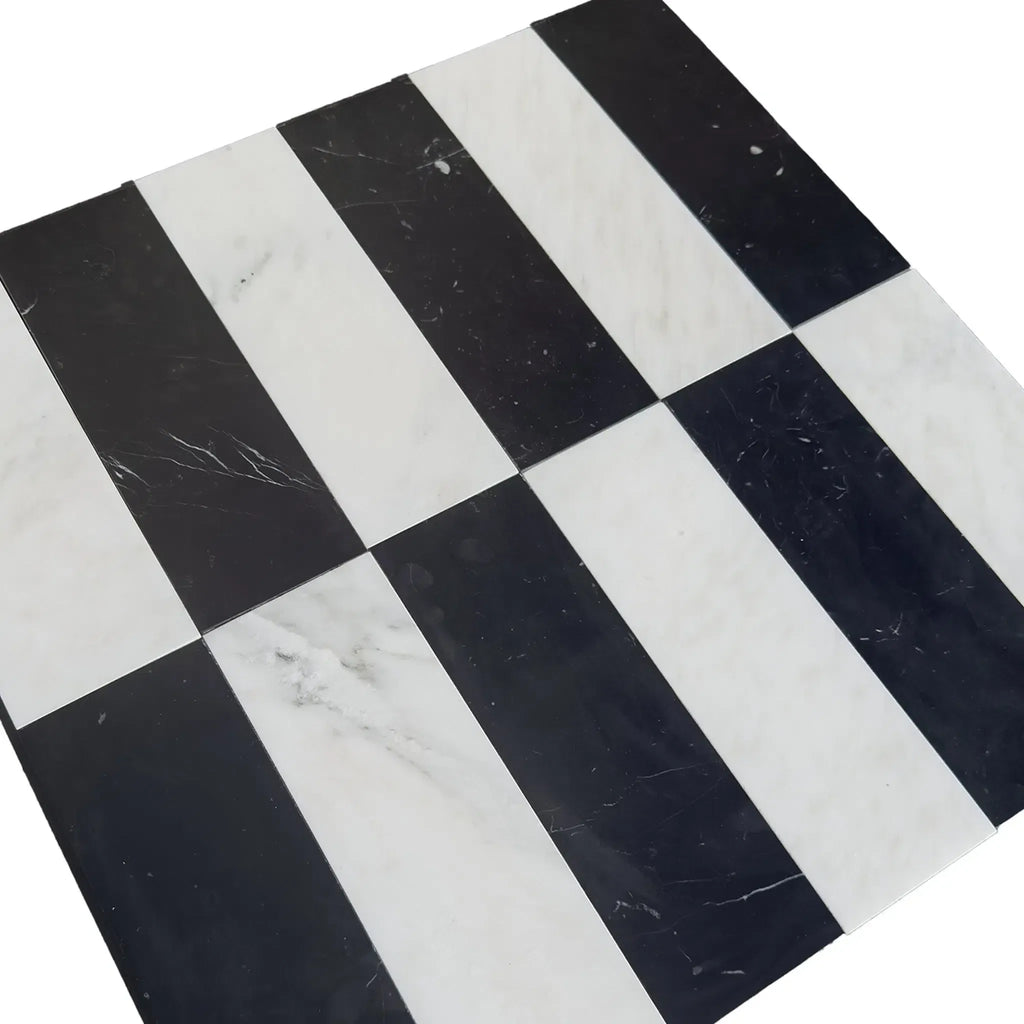 Black and white striped tile from Arezzo in Oriental White and Nero Marquina 4X12 Set