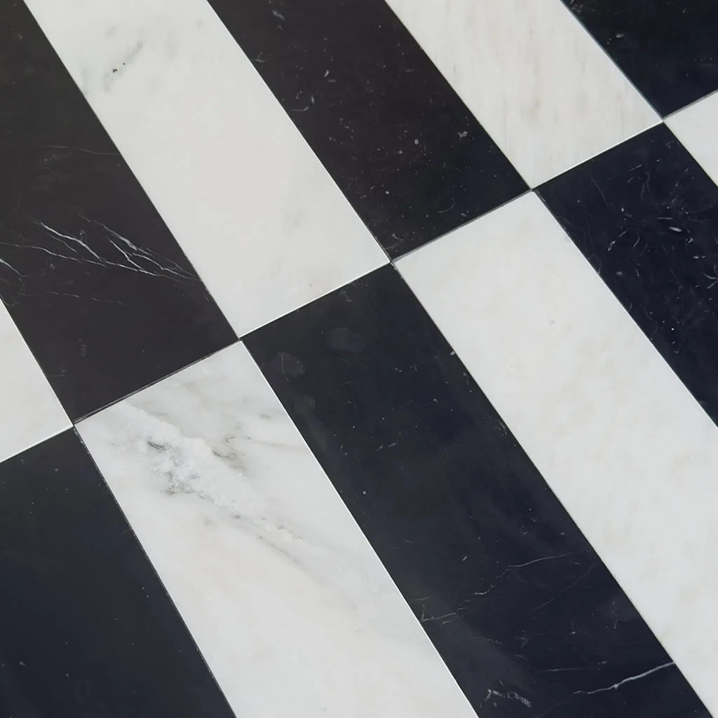 Black and white checkered floor tiles in Arezzo Oriental White and Nero Marquina set