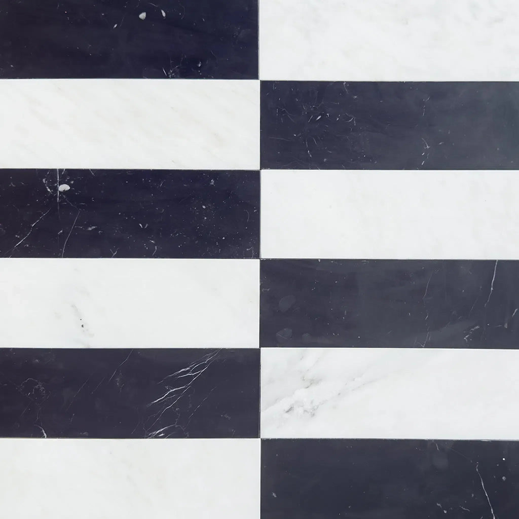 Black and white marble tile pattern in Arezzo Oriental White and Nero Marquina set