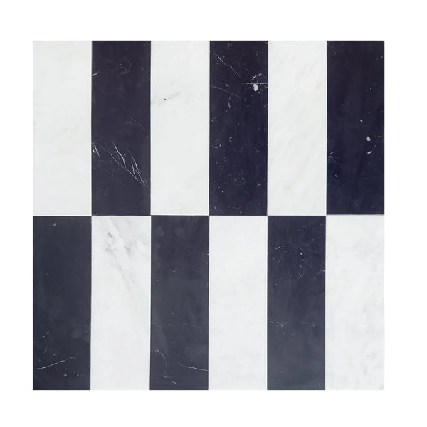 Black and white checkered tile in Arezzo Oriental White and Nero Marquina 4X12 Set