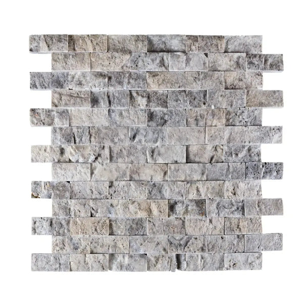 Gray and white stone mosaic tile from Atlantic Gray Marble 1X2 Brick Mosaic Split-Faced