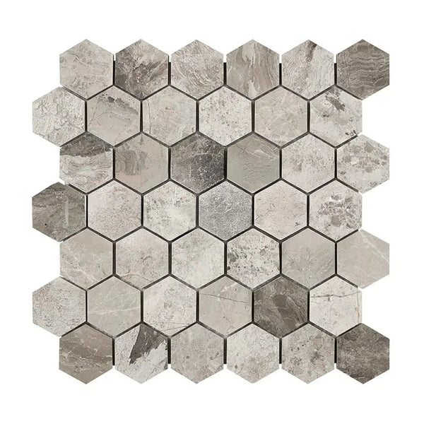 Gray hexagon mosaic tile sheet from Atlantic Gray Marble, polished or honed finish