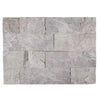 Gray stacked stone wall featuring Atlantic Gray Marble 4XFree-Length Tile Split-Faced