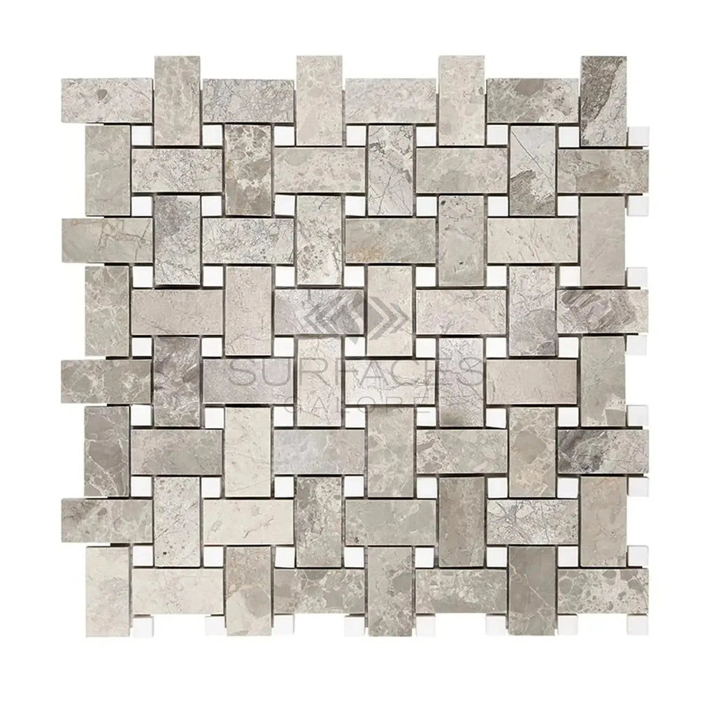 Gray Stone Basketweave Mosaic Tile from Atlantic Gray Marble with White Dots