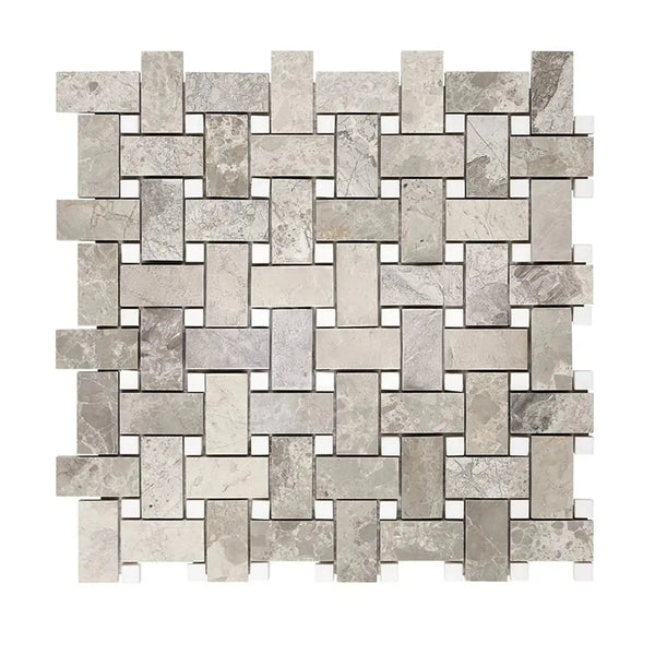 Gray Stone Basketweave Mosaic Tile in Atlantic Gray Marble with White Dots Polished or Honed