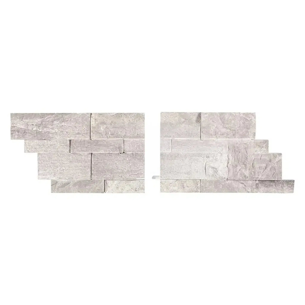 Two Atlantic Gray Marble Ledger-Panels in a split-faced corner mosaic design