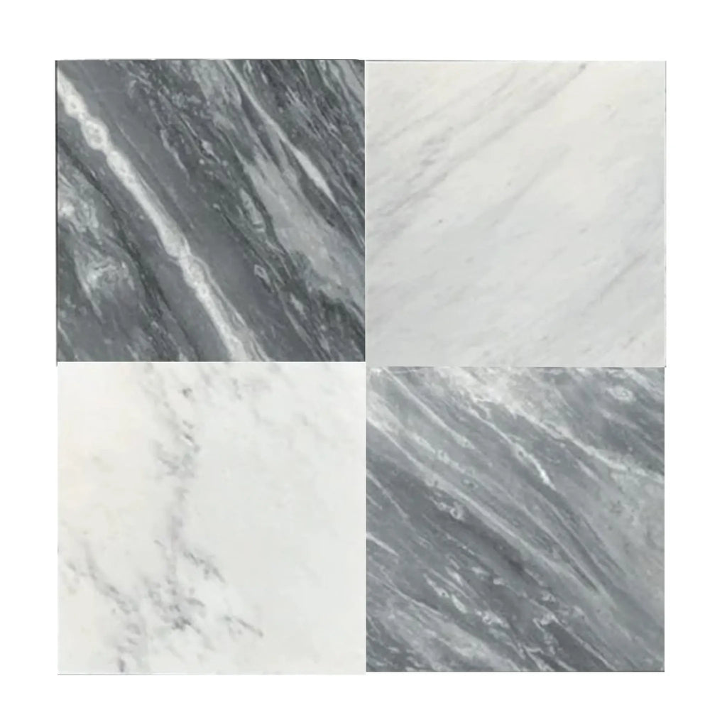 Four Bardiglio Imperiale 12X24 polished marble tiles with elegant patterns