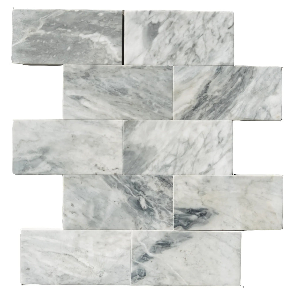 Gray and white marble brick pattern in Bardiglio Nuvolato Marble 3X6 Polished or Honed