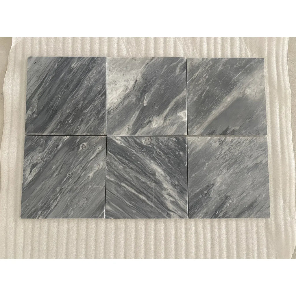 Six gray Bardiglio Nuvolato 24x24 polished or honed marble tiles displayed together