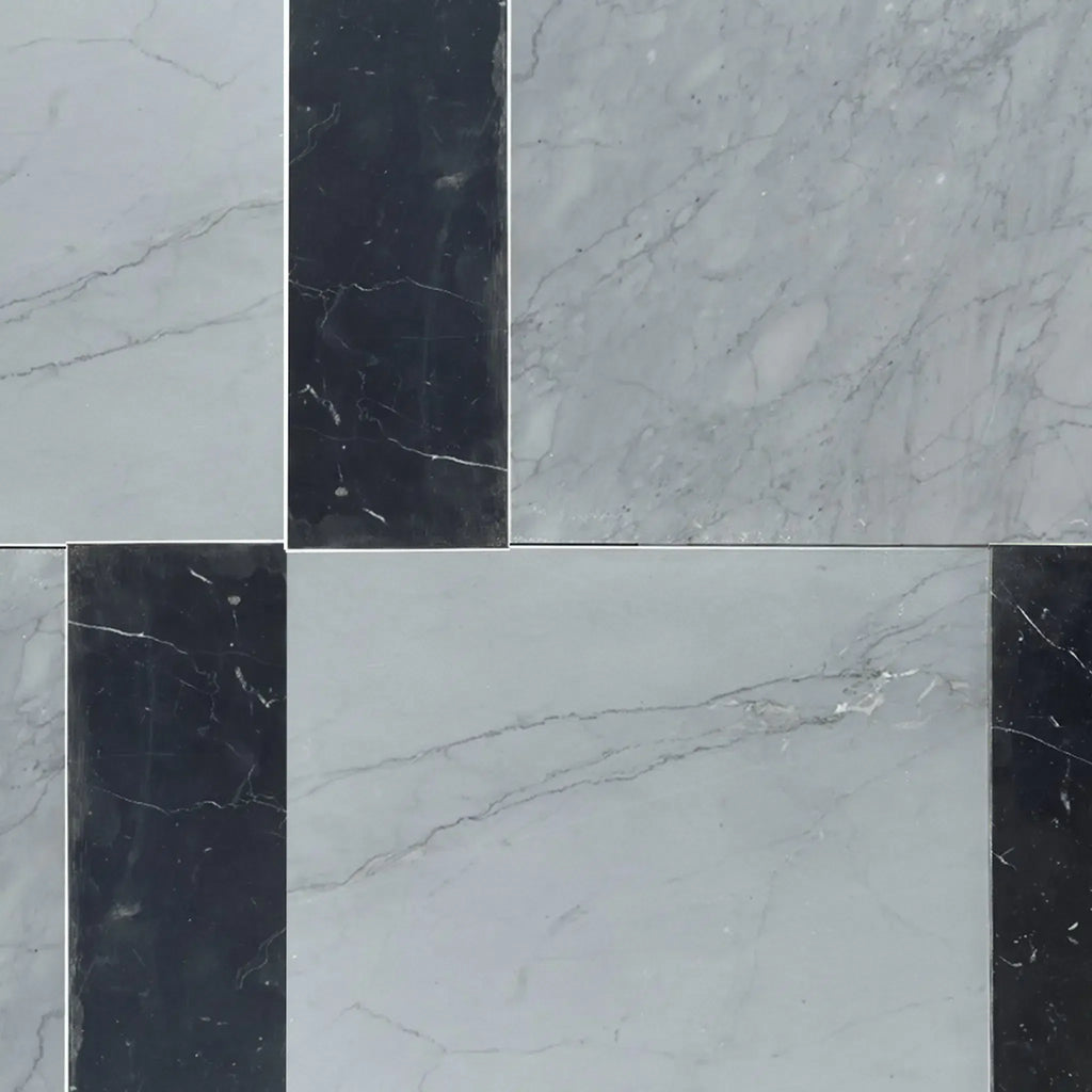 Black and gray marble tile pattern in Bari Bardiglio Imperiale and Nero Marquina set