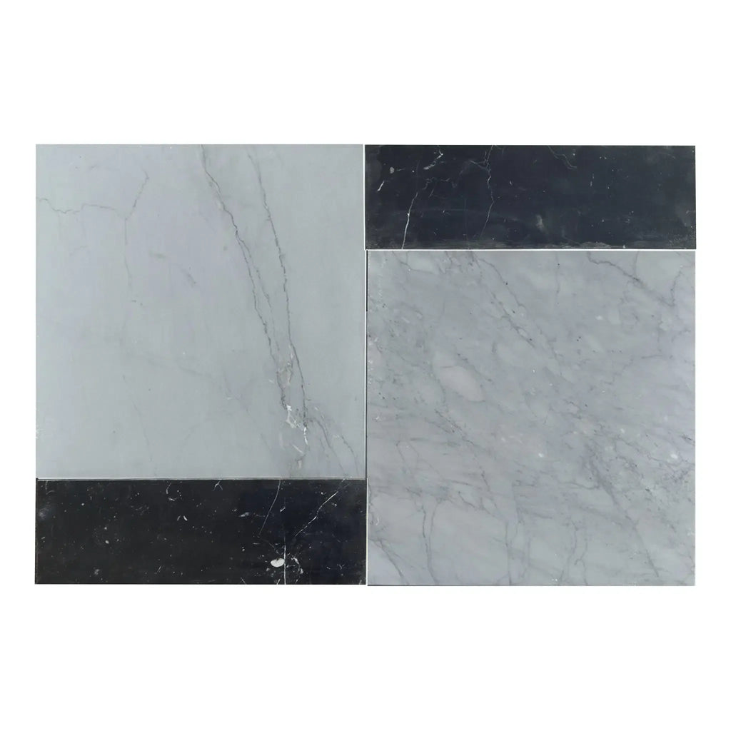 Two-toned marble tiles in Bari set featuring Bardiglio Imperiale and Nero Marquina