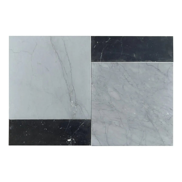 Two-toned marble tiles in Bari set featuring Bardiglio Imperiale and Nero Marquina