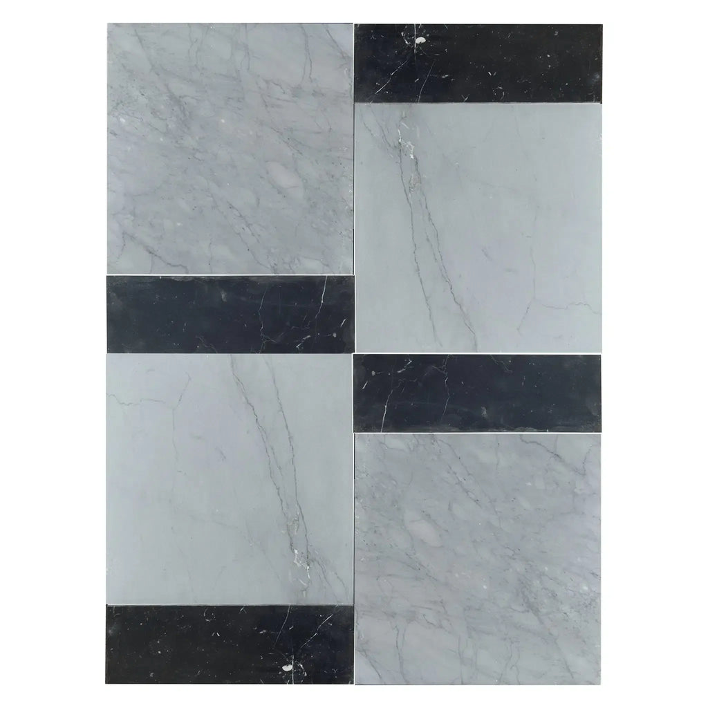 Four marble-patterned tiles with black accents from Bari in Bardiglio Imperiale set