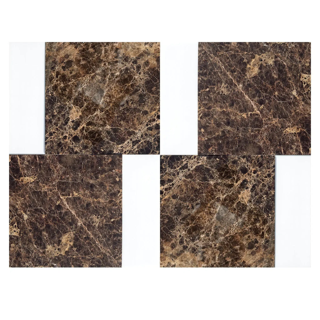 Four brown marble tiles from the Bari in Emperador Dark and Bianco Dolomite set