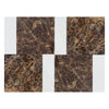 Brown marble tile arrangement featuring Bari in Emperador Dark and Carrara White set