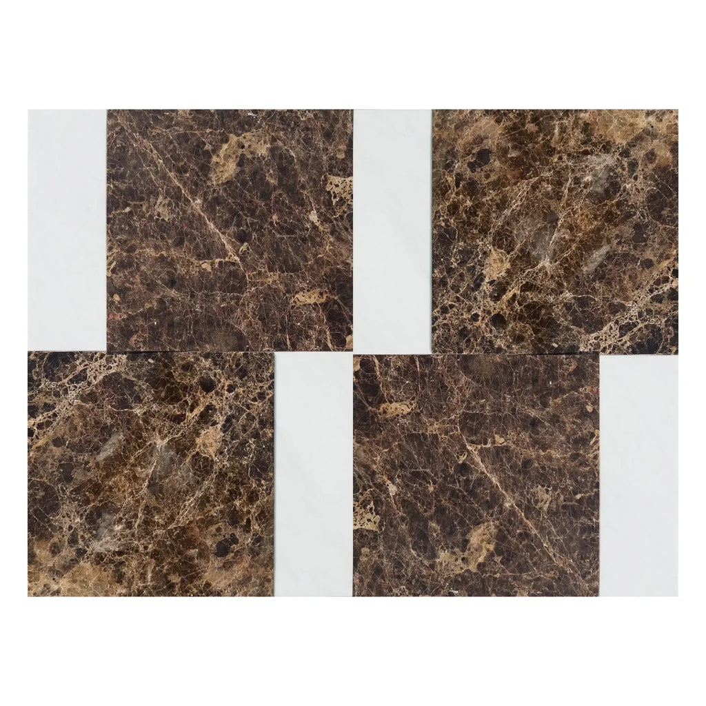 Brown marble tile arrangement featuring Bari in Emperador Dark and Carrara White set