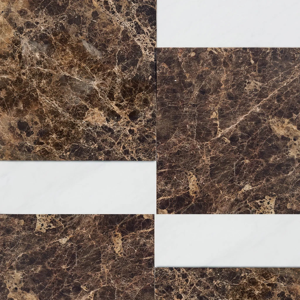 Brown marble tile pattern in Bari Emperador Dark 12X12 and Carrara White 4X12 Set