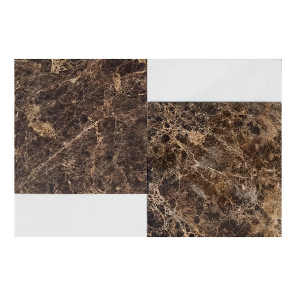 Brown marble tile arrangement featuring Bari in Emperador Dark and Carrara White set