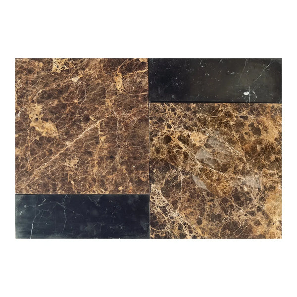 Brown and black marble tile arrangement in Bari Emperador Dark and Nero Marquina set