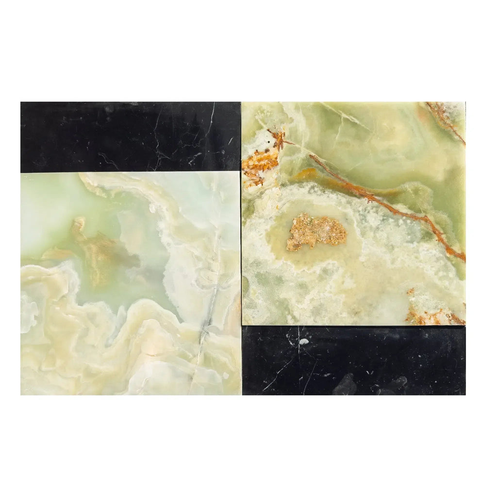 Two-toned marble tiles in Bari Green Onyx and Nero Marquina set for elegant interiors