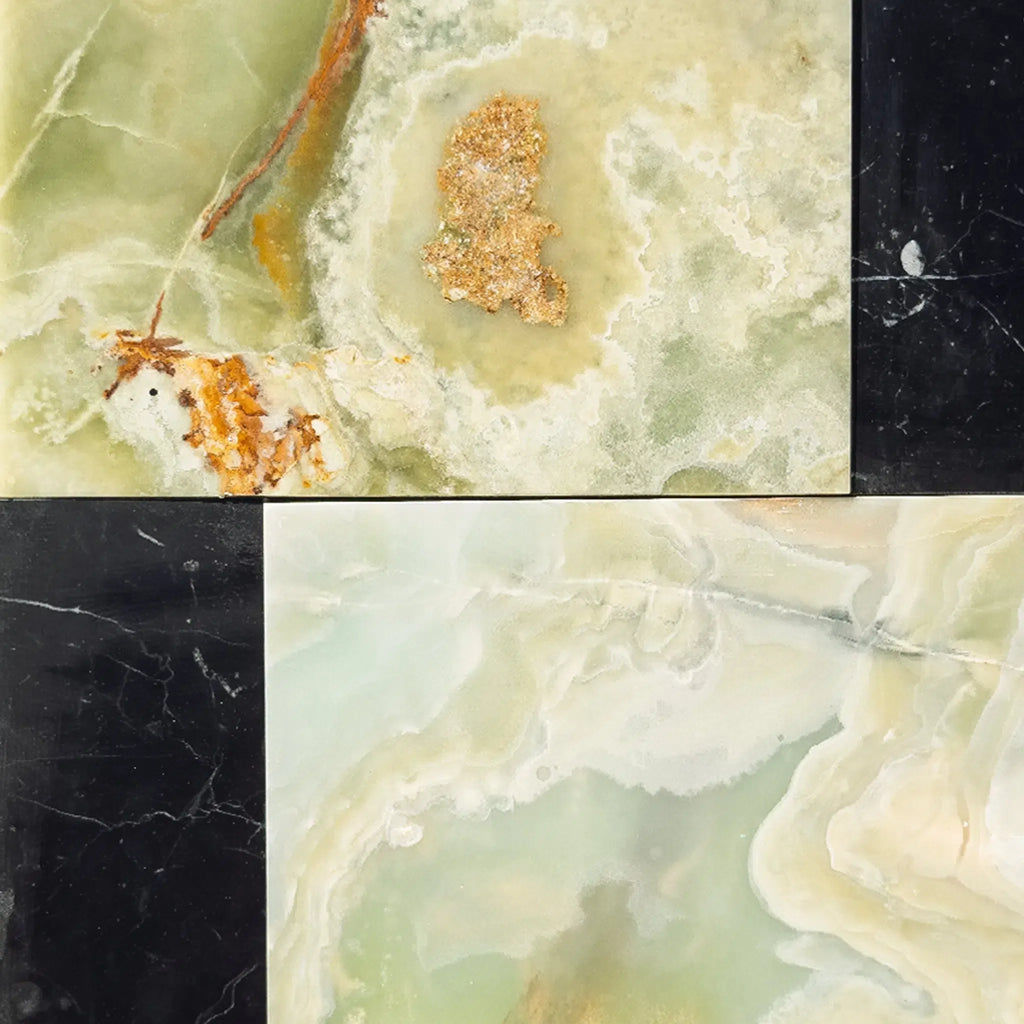 Green and gold onyx slabs in Bari in Green Onyx 12X12 and Nero Marquina 4X12 Set