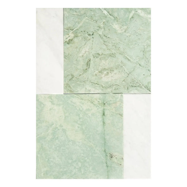 Green and white patterned tiles from Bari in Ming Green and Carrara White set