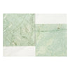 Green marble tile samples featuring Bari in Ming Green and Carrara White set