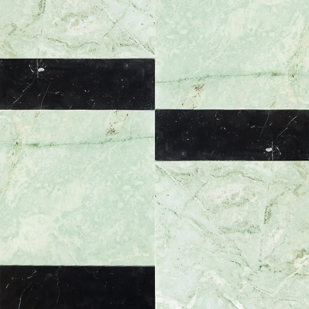 Green and black marble tile pattern in Bari in Ming Green and Nero Marquina Set