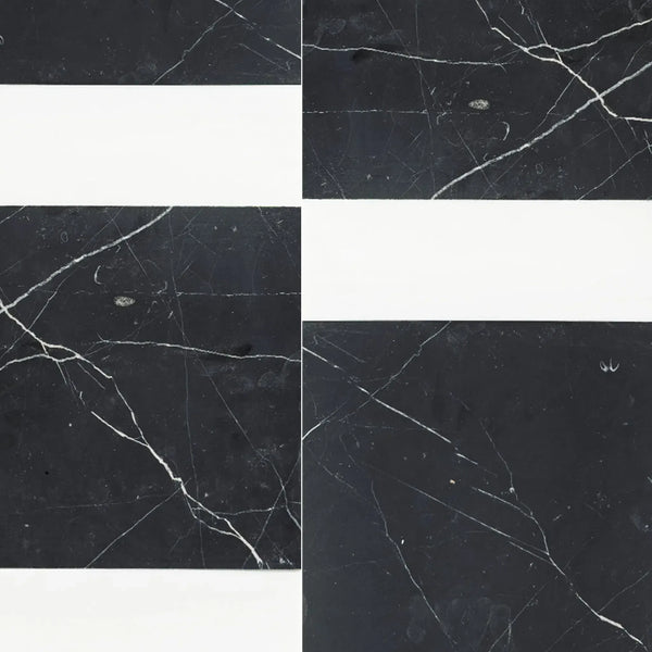 Black marble tiles with white stripes in Bari in Nero Marquina and Bianco Dolomite set