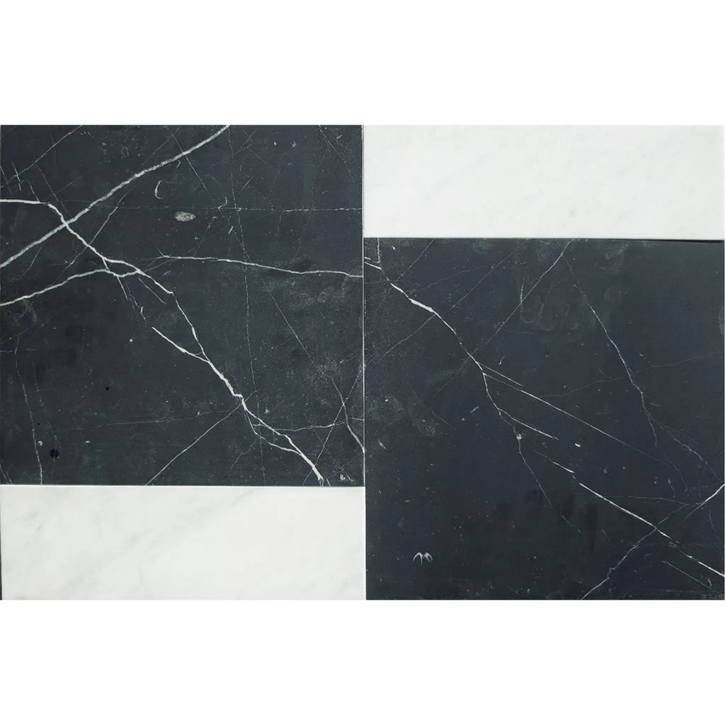 Black and white marble tile pattern from Bari in Nero Marquina 12X12 and Carrara White 4X12 Set