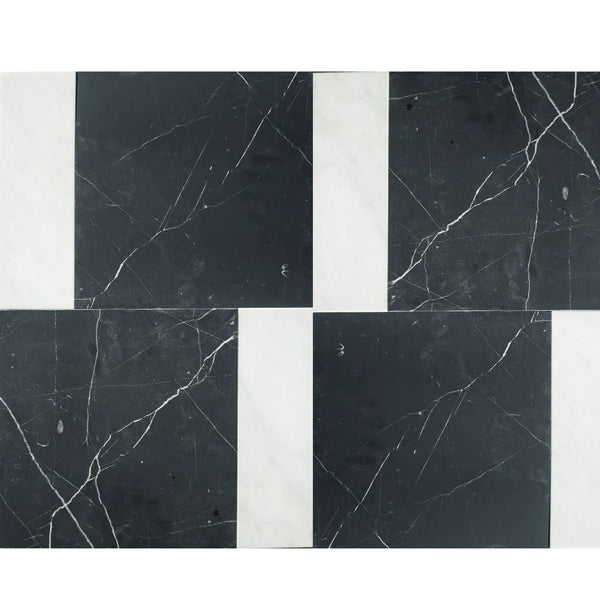 Black and white marble tile pattern of Bari in Nero Marquina and Carrara White set